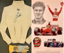 F1 - JARNO TRULLI SIGNED OMP ROLL NECK TOP & SINGLE GLOVE, 94.5 x 79cms overall, and colour print