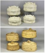 FOUR WEDGWOOD CANEWARE OVAL GAME PIE DISHES & COVERS, c. 1880, with moulded relief decoration, 18 (