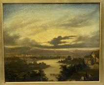 19TH CENTURY CONTINENTAL SCHOOL oil on canvas - extensive lake landscape with figures and building