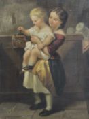 19TH CENTURY BRITISH SCHOOL oil on canvas - two children by church offertory box, unsigned, 38 x