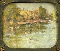 ‡ RICHARD WALLWORK (New Zealand, 1882 - 1955) oil on board - impressionistic river landscape, signed
