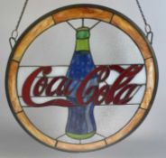 COCA-COLA RETRO STYLE CIRCULAR STAINED-GLASS PANEL with Coca-Cola emblem and bottle to centre, 51cms