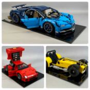 LEGO TECHNIC RACING CARS in Perspex display cases, all fully built, comprising Bugatti, 58cms (l),