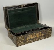 19TH CENTURY CHINOISERIE DECORATED LACQUERED & GILDED WRITING BOX, brass side handles, interior