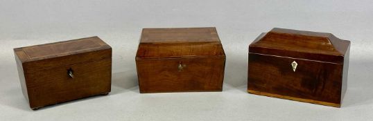 THREE 19TH CENTURY TEA CADDIES, rosewood and mahogany, 20cms (w), crossbanded and strung mahogany,
