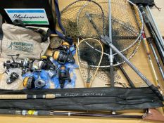 ASSORTED FISHING TACKLE including beach casters, pier rod and telescopic ledger rod, various landing