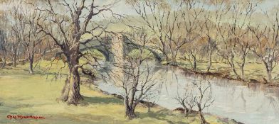 ‡ CHARLES WYATT WARREN (Welsh 1908-1993) oil on board - Llanrwst Bridge, signed, 24.5 x 55cms