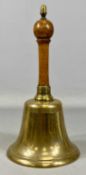 GOOD LARGE VICTORIAN BRONZE HAND BELL, with turned fruitwood handle and brass acorn finial, 36cms (