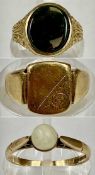 THREE 9CT YELLOW GOLD RINGS, bloodstone set signet ring, pearl set dress ring, and small signet