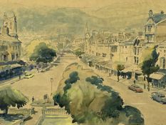 ‡ RICHARDSON (British, 20th Century) watercolour – street view with mountains beyond, signed lower