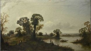 UNKNOWN 19TH CENTURY oil on canvas - extensive lake landscape with figures in foreground,