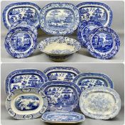 ASSORTED 19TH CENTURY BLUE & WHITE TRANSFER DECORATED TABLEWARE, including meat plates, dinner