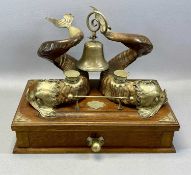 VICTORIAN RAM'S HORN & EPNS DOLPHIN INKWELL with bell and striker, on rectangular oak base with