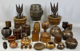 INTERESTING COLLECTION OF TREEN & OTHER ITEMS, including goblets, lidded bowls, coopered spirit