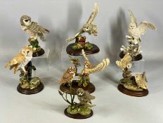 SEVEN COUNTRY ARTISTS OWL FIGURES, Little Owl, Pair of Barn Owls with plough, Barn Owl - water pump,
