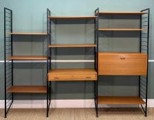 MID-CENTURY LADDERAX MODULAR THREE BAY SHELVING UNIT comprising, four black uprights, drawer/desk,