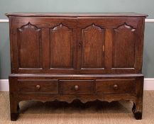 18TH C. WELSH OAK MULE CHEST, double plank top, pointed arched fielded panelled front, drawers, tall