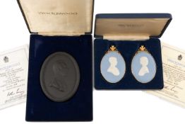THREE LIMITED EDITION WEDGWOOD PORTRAIT MINIATURE PLAQUES, comprising pair blue jasper 1981 Royal