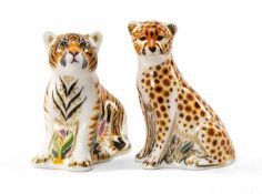 TWO ROYAL CROWN DERBY PAPERWEIGHTS, Tiger cub & Cheetah cub, gilt buttons, largest 8cms h (2)