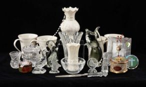 ASSORTED COLLECTABLE CHINA & GLASS, including Waterford crystal ornaments, Belleek Parian, two blown