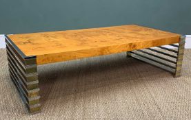 MID-CENTURY BURR MAPLE LOW TABLE on chrome railed supports, 36 (h) x 129 (w) x 68cms (d) Provenance: