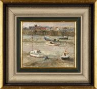 ‡ LEONARD BEARD (Welsh, b.1941) oil on board - boats in dry harbour, signed, 14 x 17cms
