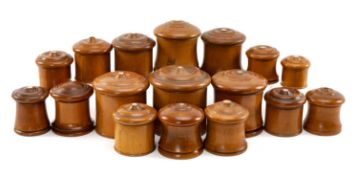 COLLECTION OF PHARMACY TREEN, turned boxwood powder jars with turned lids, mostly screw fitting,