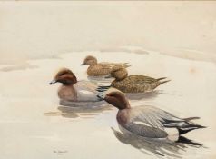 ‡ VAL BENNETT (b. 1923) watercolour - a flock of wigeons on water, signed and dated 1977, 23.5 x
