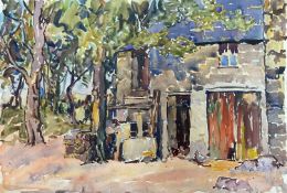 ‡ WILL EVANS (Welsh 1887-1957) watercolour - farmstead with poultry feeding, 38 x 55.5cms