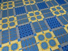 LARGE WELSH WOOLEN TAPESTRY BLANKET / CARTHEN, in blue and yellow colourway, fringe, 240 x 233cms