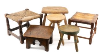 SIX WOODEN STOOLS including gothic church kneeling stool, rush seated stool, leather top stool and