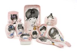 STYLISH SET OF ITALIAN 'CERAMICA DI MILANO' DRESSING TABLE ITEMS, c. 1950s, each painted with the