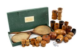 COLLECTION OF TREEN TABLE GAMES, dice shakers, tiddly wink cups, spinning top, puzzle boxes, egg