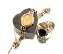 THREE RINGS & LADIES WRISTWATCH, comprising yellow metal sapphire & cz ring 3.9g, 9ct sapphire and