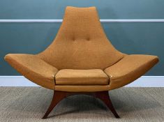 STYLISH MID-CENTURY LOUNGE CHAIR, orange cloth upholstery over (presumably) plywood shell on teak