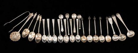 ASSORTED SILVER CONDIMENT SPOONS, including sugar sifting spoon, pair sugar nips, others for salt,