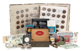 ASSORTED COINAGE & BANKNOTES, including 21 commemorative crowns/medallions mostly encapsulated, a