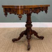 MID-VICTORIAN WALNUT TEA TABLE, shaped top, foliate carved frieze, carved armorial shield to frieze,
