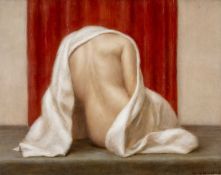 ‡ HARRY HOLLAND (British, lives / works Wales b.1941) oil on board - seated nude shrouded in white
