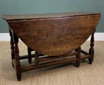 18TH C. OAK GATELEG DINING TABLE, baluster turned uprights and bar stretchers, 119cms (w)