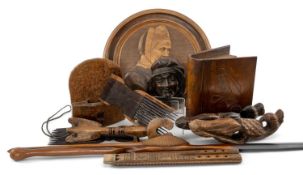 ASSORTED EUROPEAN, AFRICAN & INDIAN TREEN including Bosnian double recorder, French carved roundel