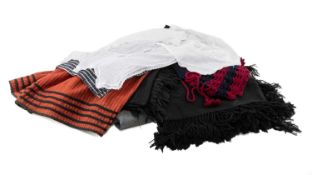 ANTIQUE LADIES' WELSH COSTUME, comprising red wool striped skirt, black & white plaid cotton