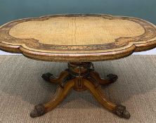 EARLY VICTORIAN SHAPED OVAL POLLARD OAK & MARQUETRY TABLE, tilt action top, ormolu laurel border,