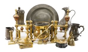 ASSORTED BRASSWARE & PEWTER, including pair chenets, pyriform tobacco jar and cover, various