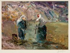 LYNNFORD JONES (Welsh, 20th Century) acrylic on paper - Beach Workers, signed on mount, inscribed