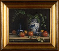 ‡ CAROLE JURY oil on canvas - entitled verso, 'Delft Vase' on Attic Gallery label, signed, 24.5 x