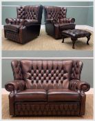 MODERN SAXON OF LANCASHIRE THREE-PIECE LEATHER SOFA SUITE, the 'antique chestnut' 'Canterbury' model