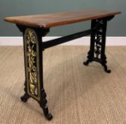VICTORIAN CAST IRON & MAHOGANY TABLE, narrow proportions, later top, later painted, 75 (h) x 122 (w)