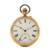 SWISS 18K GOLD KEYLESS-WIND POCKET WATCH, white enamel Roman dial with subsid. seconds dial, 3/4