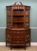 EDWARDIAN EDWARDS & ROBERTS MARQUETRY SERPENTINE CABINET, swan neck pediment, dentil cornice, inlaid